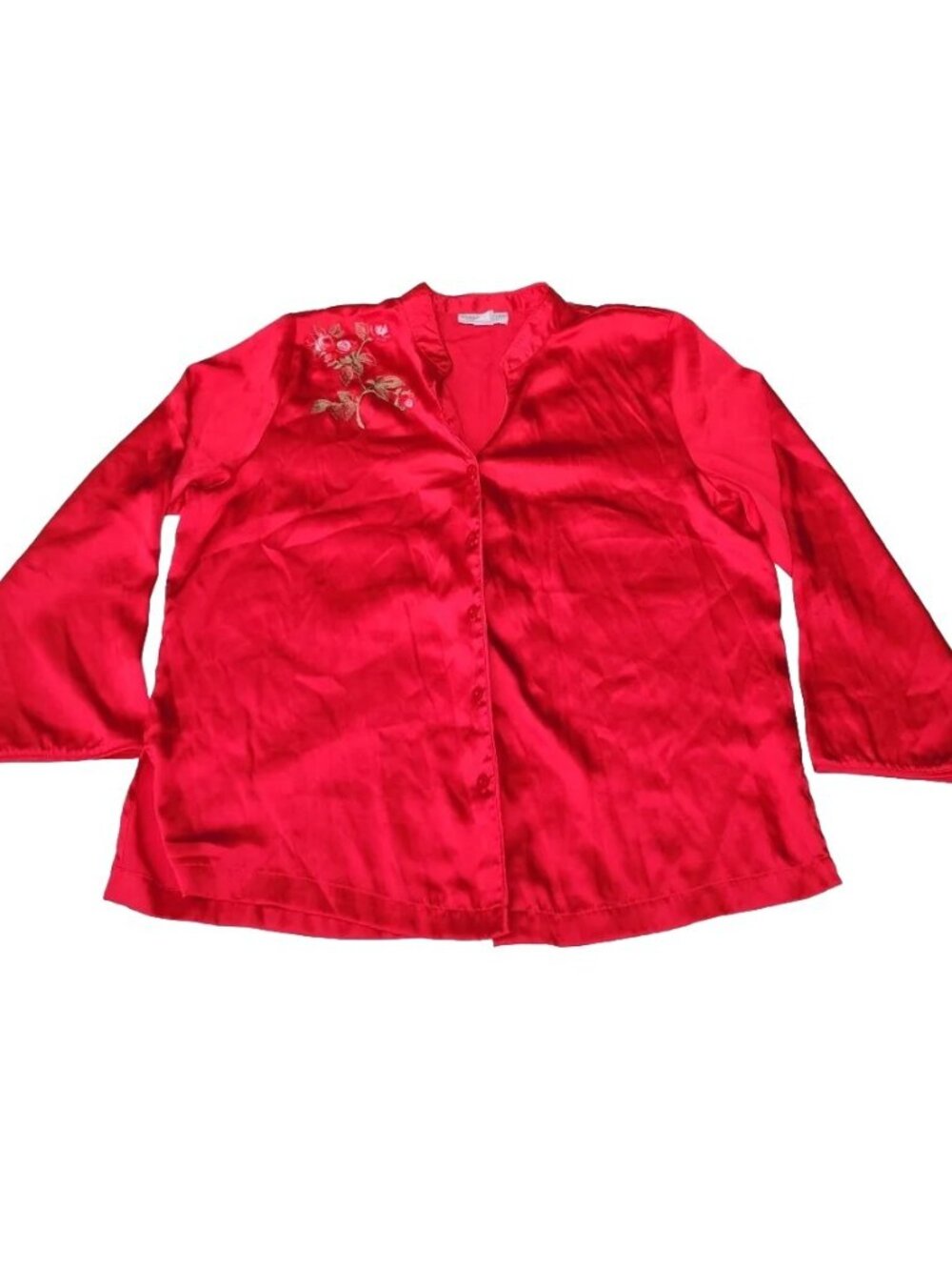 Morgan Taylor Intimates Embroidered Rose Red Satin Pajama Button-Up Shirt Sz L
